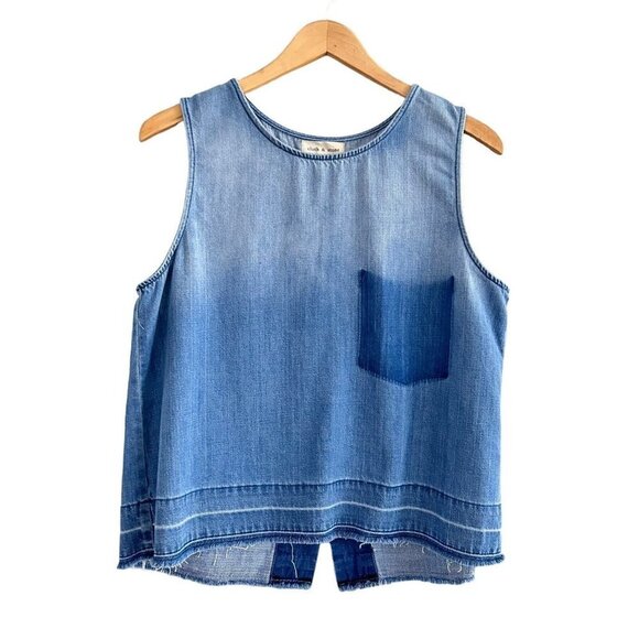 Cloth & Stone Sz L High Low Sleeveless Button Up Blouse Tencel Chambray Blue - Picture 1 of 11